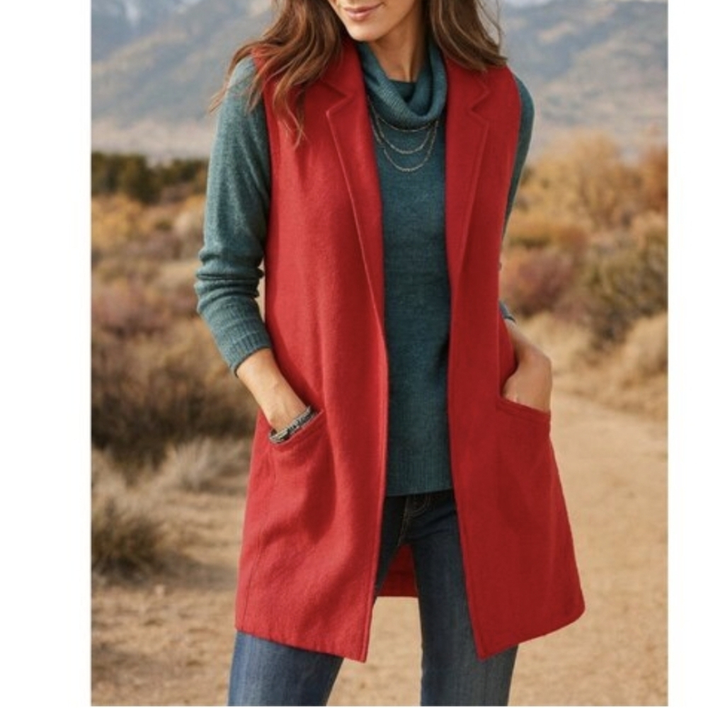 CHICO'S Boiled 100% Wool Longline Cardigan Vest Red Size Medium - Picture 13 of 13